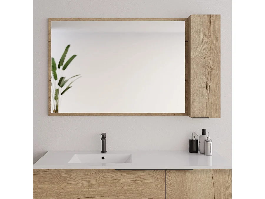 Meuble de salle de bain 120cm vasque déportée - 2 tiroirs - miroir avec armoirette - KING - Roble (chêne clair)