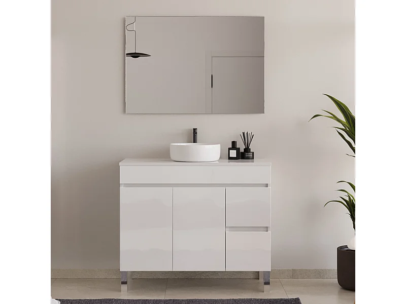 Meuble de salle de bain 100cm sur pieds avec plateau et une cuve à poser ronde - portes et tiroirs - blanc - HARO