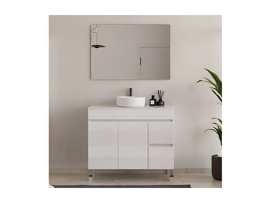 Meuble de salle de bain 100cm sur pieds avec plateau et une cuve à poser ronde - portes et tiroirs - blanc - HARO