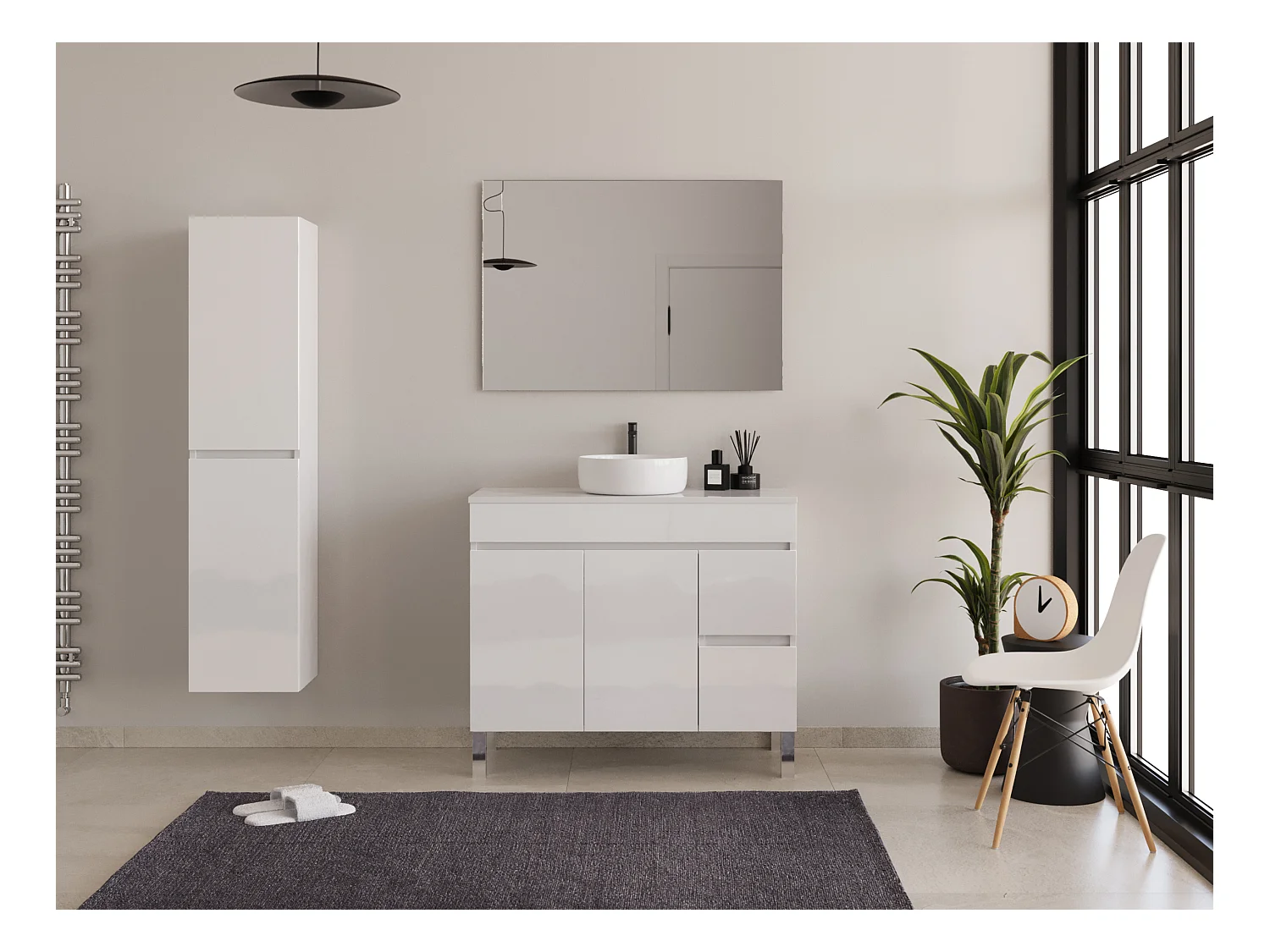 Meuble de salle de bain 100cm sur pieds avec plateau et une cuve à poser ronde - portes et tiroirs - blanc - HARO