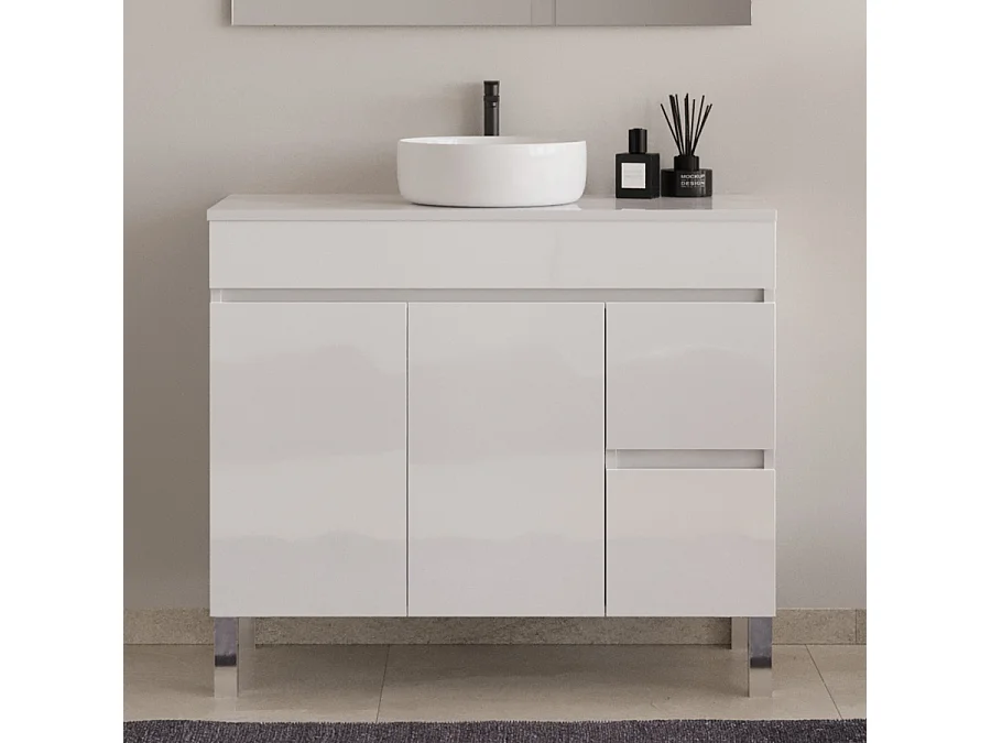 Meuble de salle de bain 100cm sur pieds avec plateau et une cuve à poser ronde - portes et tiroirs - blanc - HARO
