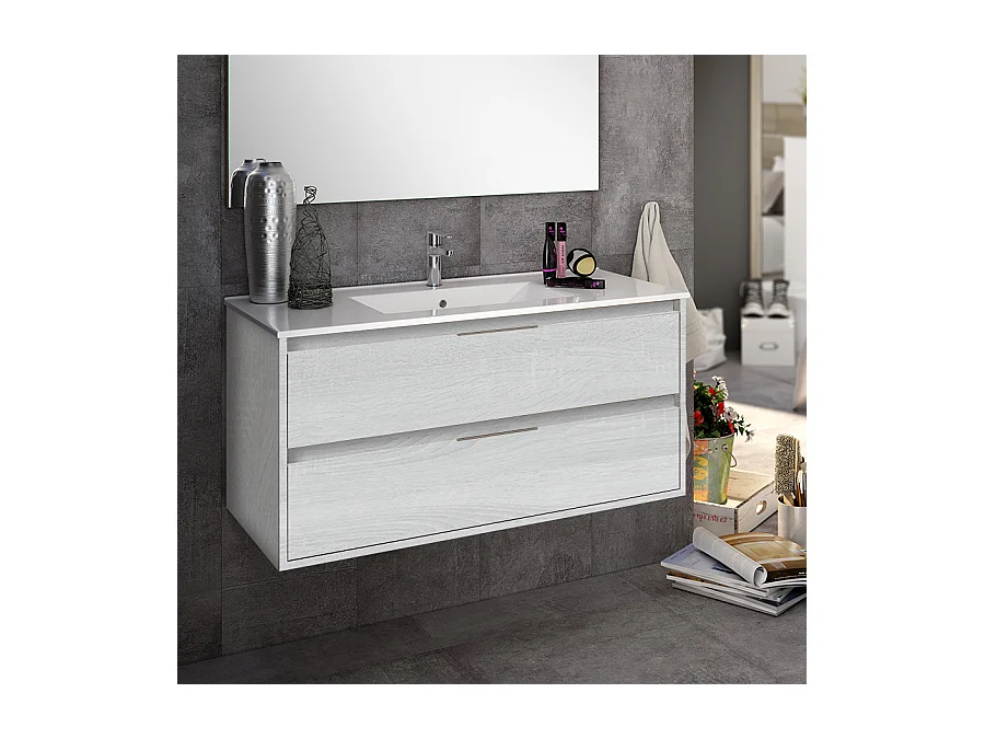 Meuble de salle de bain simple vasque - 2 tiroirs - IRIS et miroir Led VELDI - hibernian (bois blanchi) - 80cm