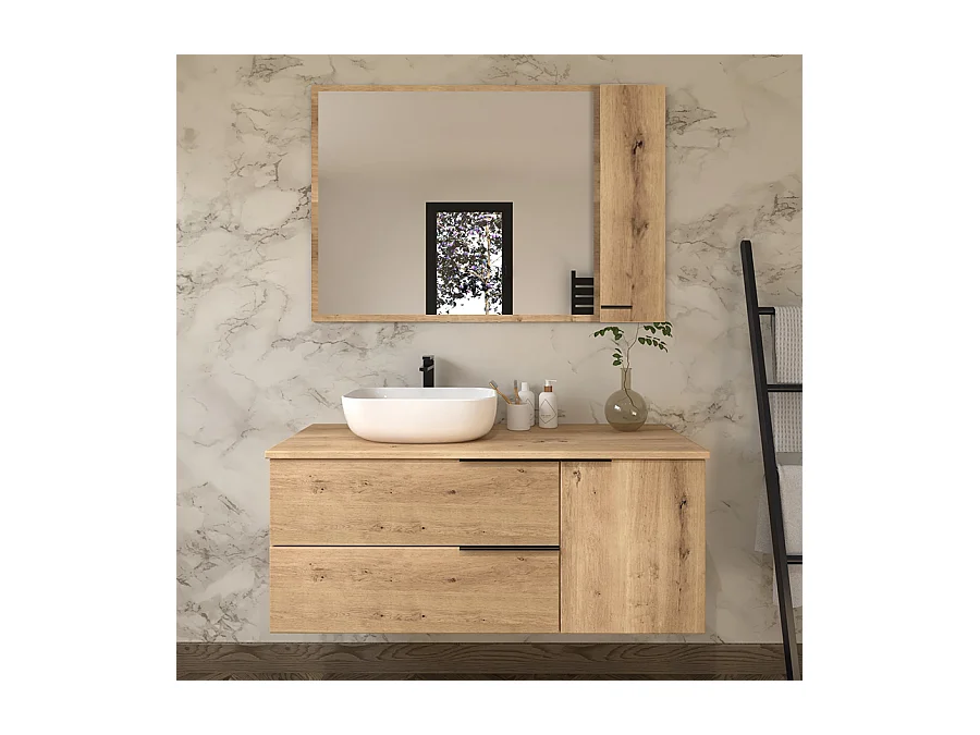 Meuble de salle de bain avec vasque à poser arrondie et miroir armoirette KING - Roble (chêne clair) - 120cm