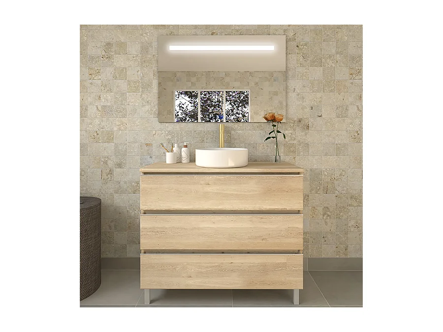 Meuble de salle de bain avec vasque à poser ronde PALMA et miroir Led STAM - Bambou (chêne clair) - 100cm