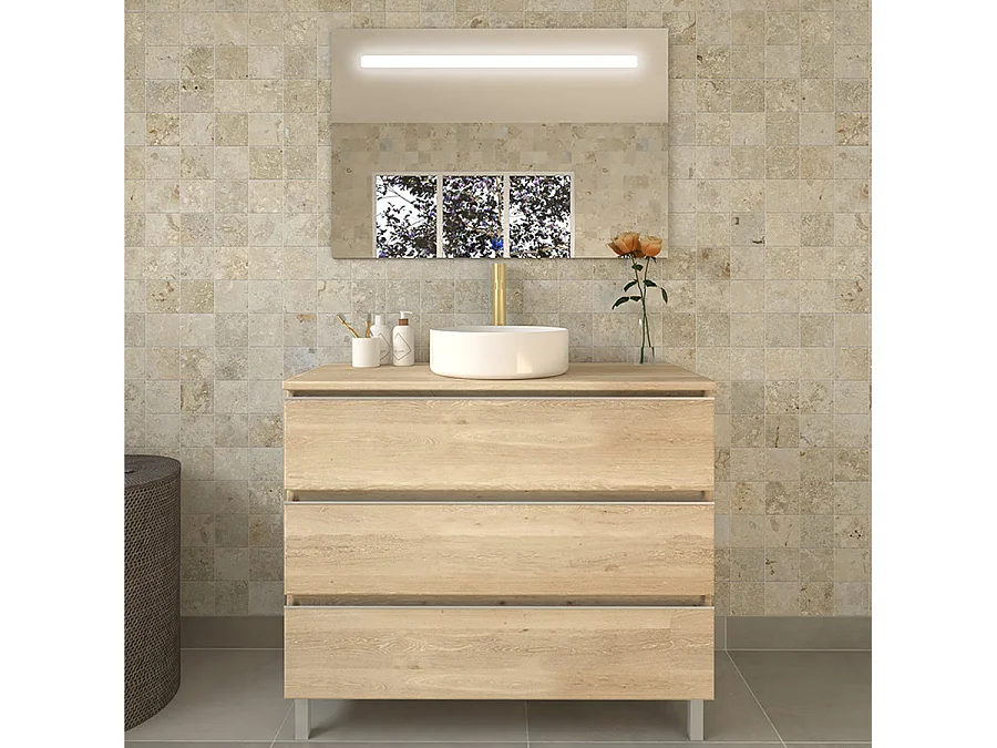 Meuble de salle de bain avec vasque à poser ronde PALMA et miroir Led STAM - Bambou (chêne clair) - 100cm