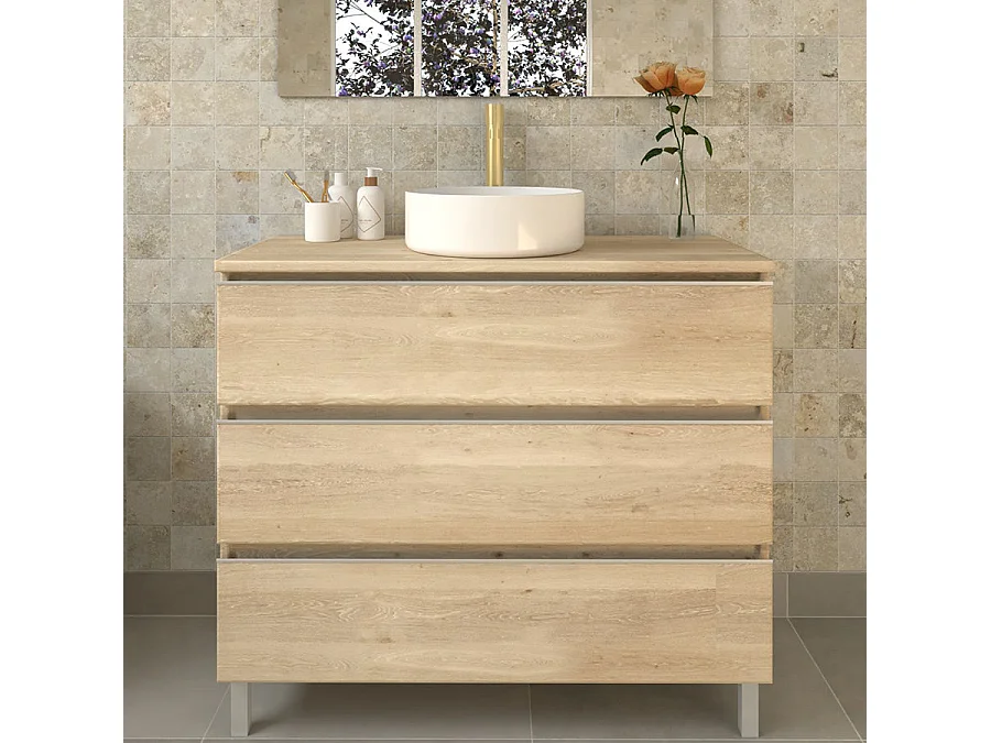 Meuble de salle de bain avec vasque à poser ronde PALMA et miroir Led STAM - Bambou (chêne clair) - 100cm