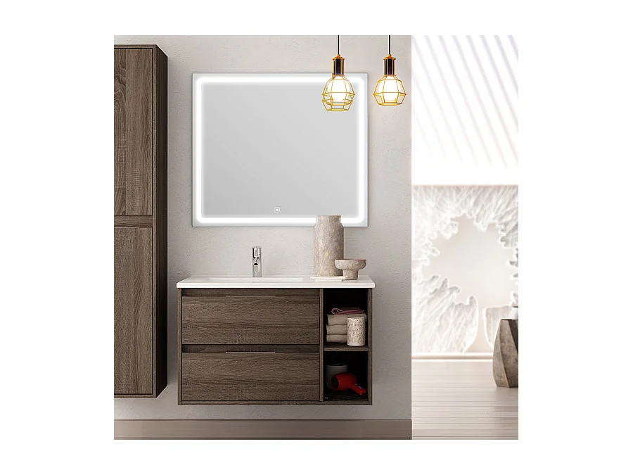 Meuble de salle de bain vasque déportée 2 tiroirs OLYMPE et miroir Led VELDI - britannia (chêne foncé) - 80cm