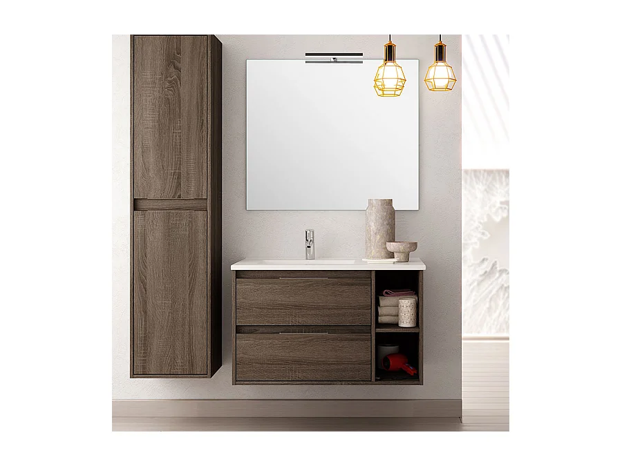 Meuble de salle de bain vasque déportée 2 tiroirs OLYMPE et miroir Led VELDI - britannia (chêne foncé) - 80cm