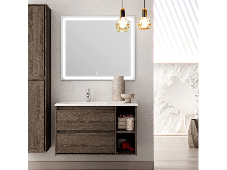 Meuble de salle de bain vasque déportée 2 tiroirs OLYMPE et miroir Led VELDI - britannia (chêne foncé) - 80cm