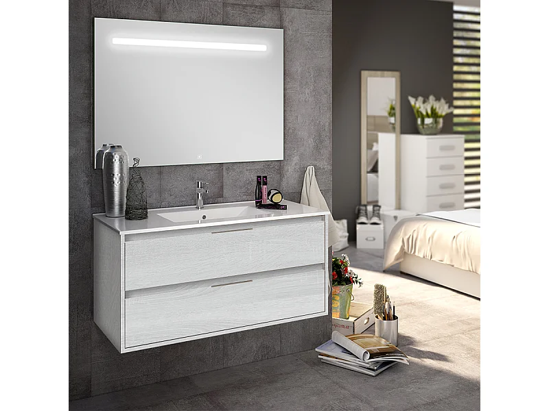 Meuble de salle de bain simple vasque - 2 tiroirs - IRIS et miroir Led STAM - hibernian (bois blanchi) - 80cm