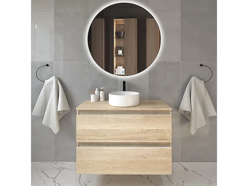 Meuble de salle de bain avec vasque à poser ronde BALEA et miroir rond Led SOLEN - Bambou (chêne clair) - 70cm
