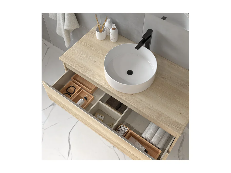 Meuble de salle de bain avec vasque à poser ronde BALEA et miroir rond Led SOLEN - Bambou (chêne clair) - 70cm