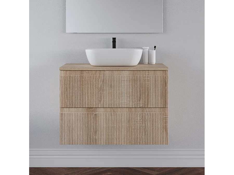 Meuble de salle de bain 80cm avec plateau cambrian et vasque à poser arrondie - sans miroir - 2 tiroirs - blanc - RIBERA