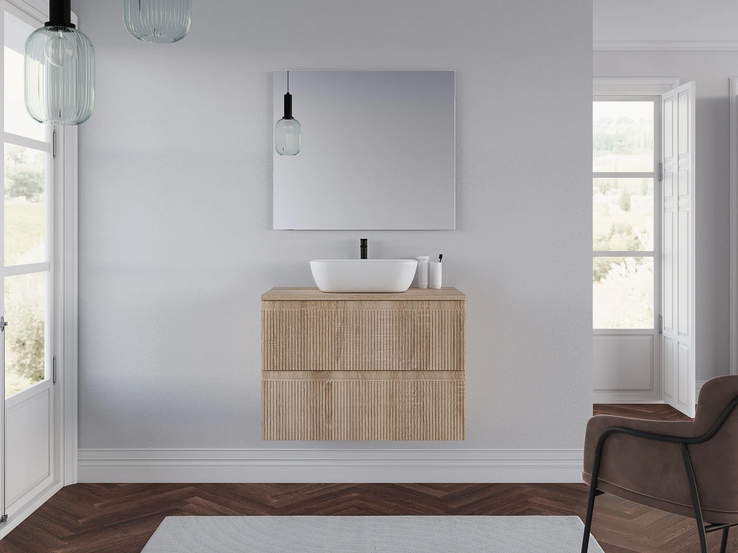 Meuble de salle de bain 80cm avec plateau cambrian et vasque à poser arrondie - sans miroir - 2 tiroirs - blanc - RIBERA