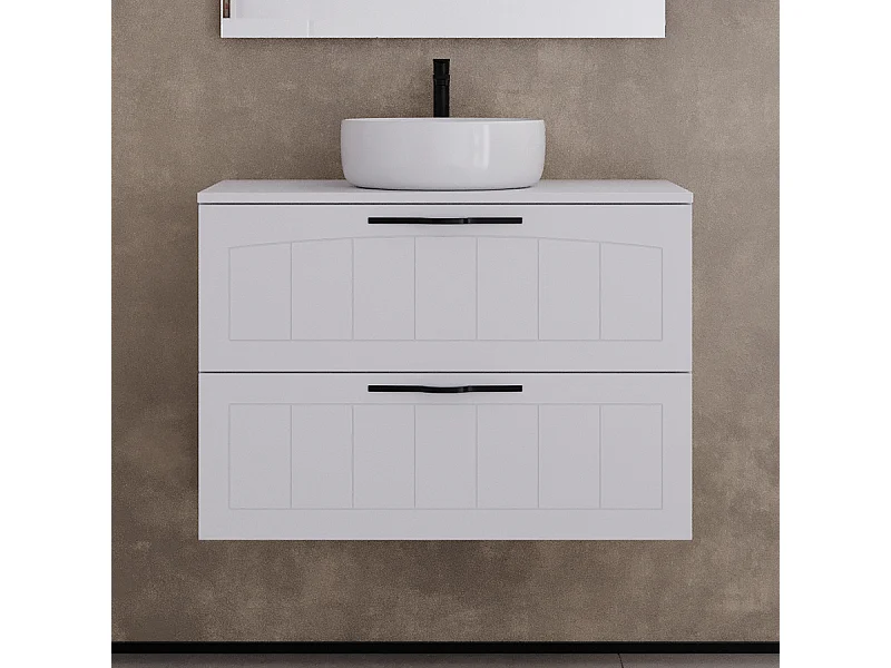 Meuble de salle de bain 80cm avec plateau et vasque à poser ronde - 2 tiroirs - sans miroir - blanc - PIA