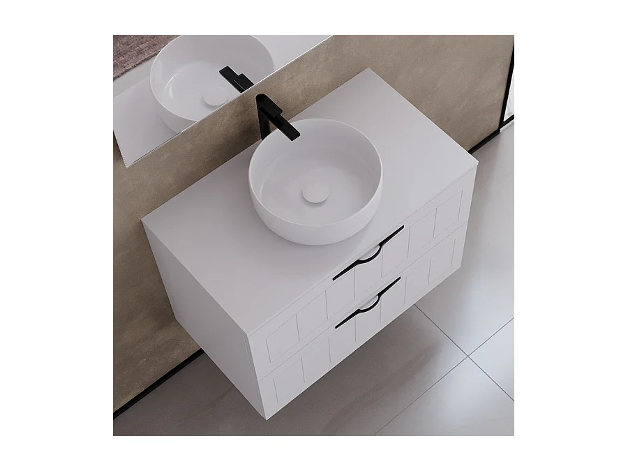 Meuble de salle de bain 80cm avec plateau et vasque à poser ronde - 2 tiroirs - sans miroir - blanc - PIA