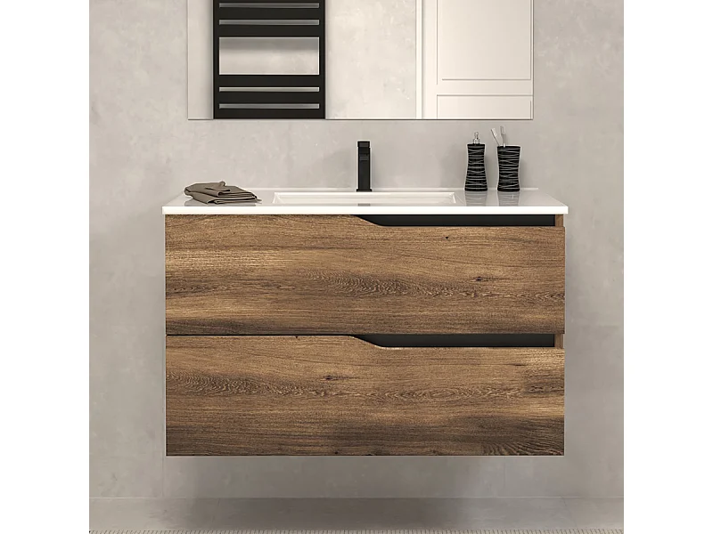 Meuble de salle de bain 80cm simple vasque - sans miroir - 2 tiroirs - tabaco (bois foncé) - LUNA