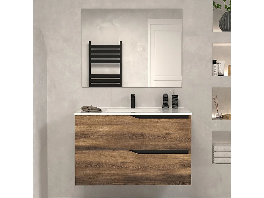 Meuble de salle de bain 80cm simple vasque - sans miroir - 2 tiroirs - tabaco (bois foncé) - LUNA