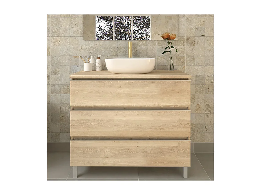 Meuble de salle de bain 3 tiroirs avec vasque à poser arrondie et miroir avec applique PALMA - Bambou (chêne clair) - 100cm