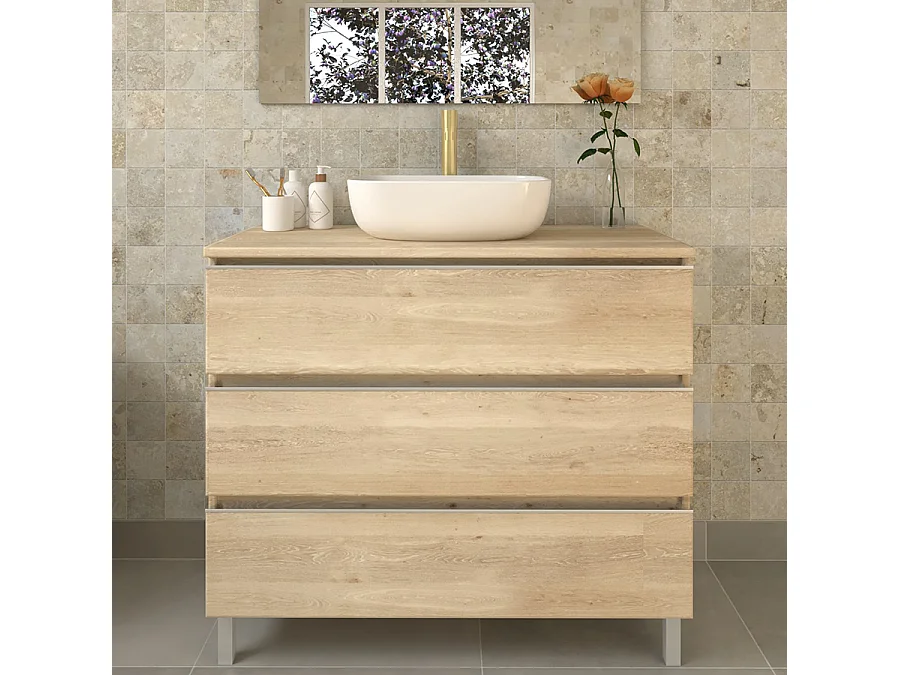 Meuble de salle de bain 3 tiroirs avec vasque à poser arrondie et miroir avec applique PALMA - Bambou (chêne clair) - 100cm