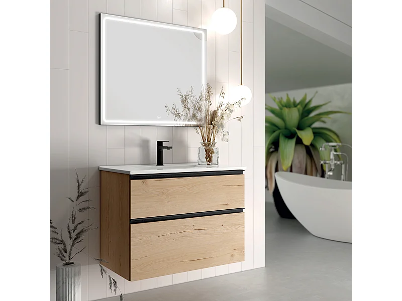 Meuble de salle de bain simple vasque - 2 tiroirs - CREMA et miroir Led VELDI - 80cm