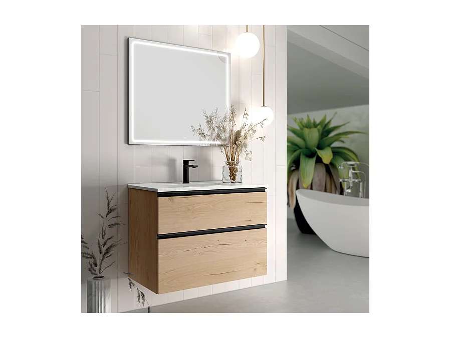 Meuble de salle de bain simple vasque - 2 tiroirs - CREMA et miroir Led VELDI - 80cm