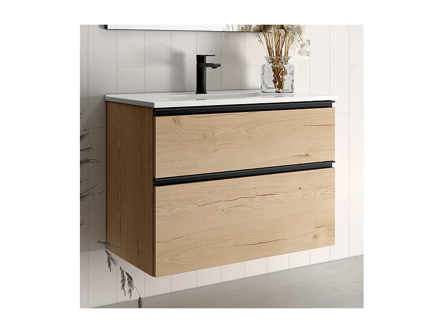 Meuble de salle de bain simple vasque - 2 tiroirs - CREMA et miroir Led VELDI - 80cm