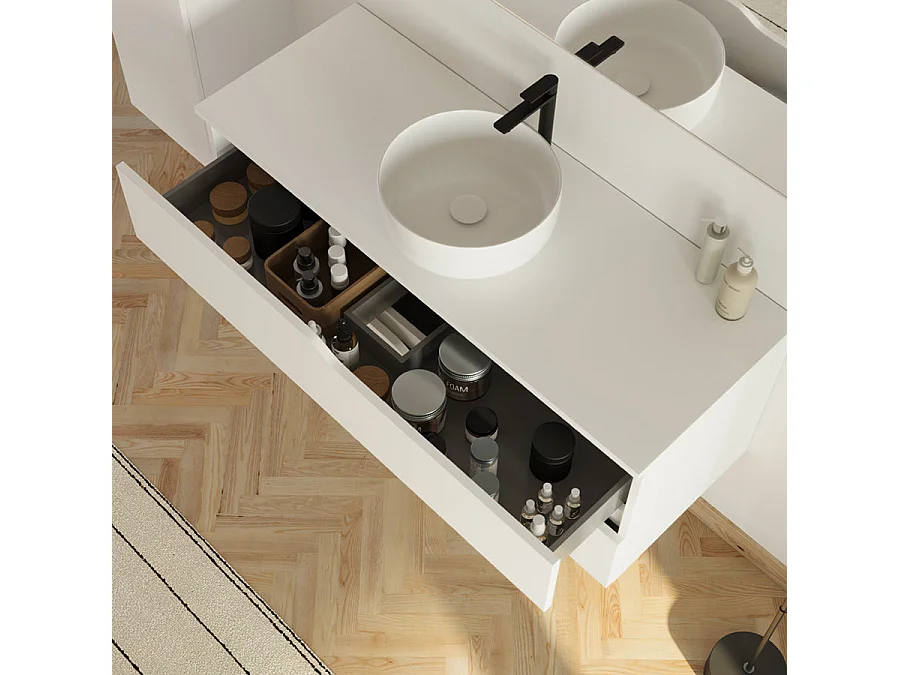 Meuble de salle de bain 120 avec plateau et vasque à poser - 2 tiroirs - blanc - LUNA