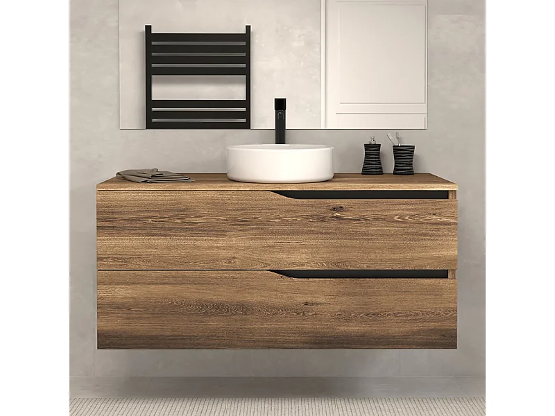 Meuble de salle de bain 120 avec plateau et vasque à poser - sans miroir - 2 tiroirs - tabaco (bois foncé) - LUNA