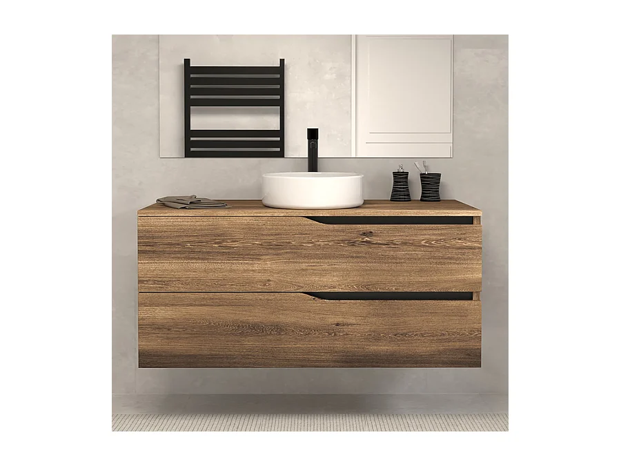 Meuble de salle de bain 120 avec plateau et vasque à poser - sans miroir - 2 tiroirs - tabaco (bois foncé) - LUNA