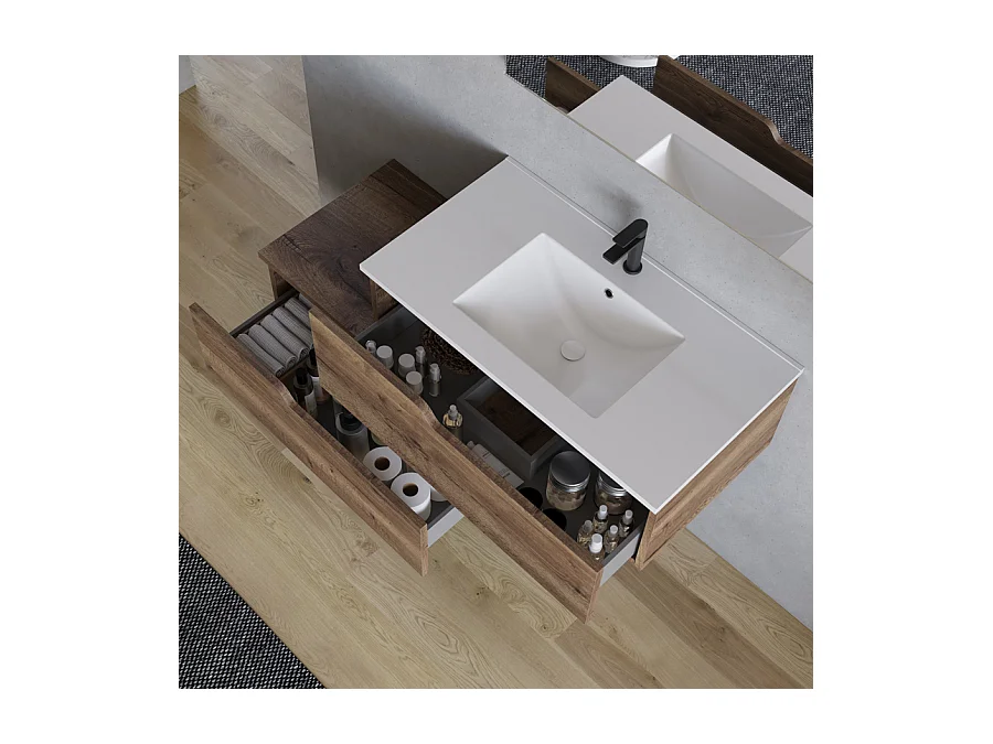 Meuble de salle de bain 120cm avec plan simple vasque - 2 tiroirs - tabaco (bois foncé) - CADIX