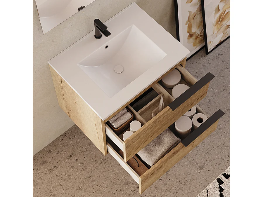 Meuble de salle de bain 60cm - 2 tiroirs - roble (chêne clair) - KING