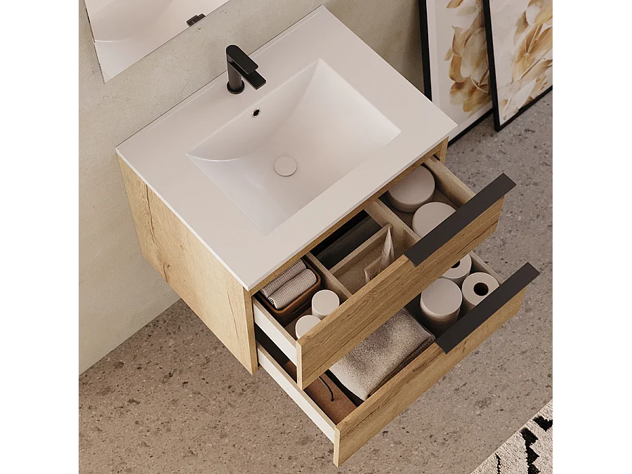 Meuble de salle de bain 60cm - 2 tiroirs - roble (chêne clair) - KING