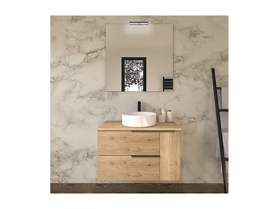 Meuble de salle de bain avec vasque à poser ronde et miroir avec applique KING - Roble (chêne clair) - 80cm