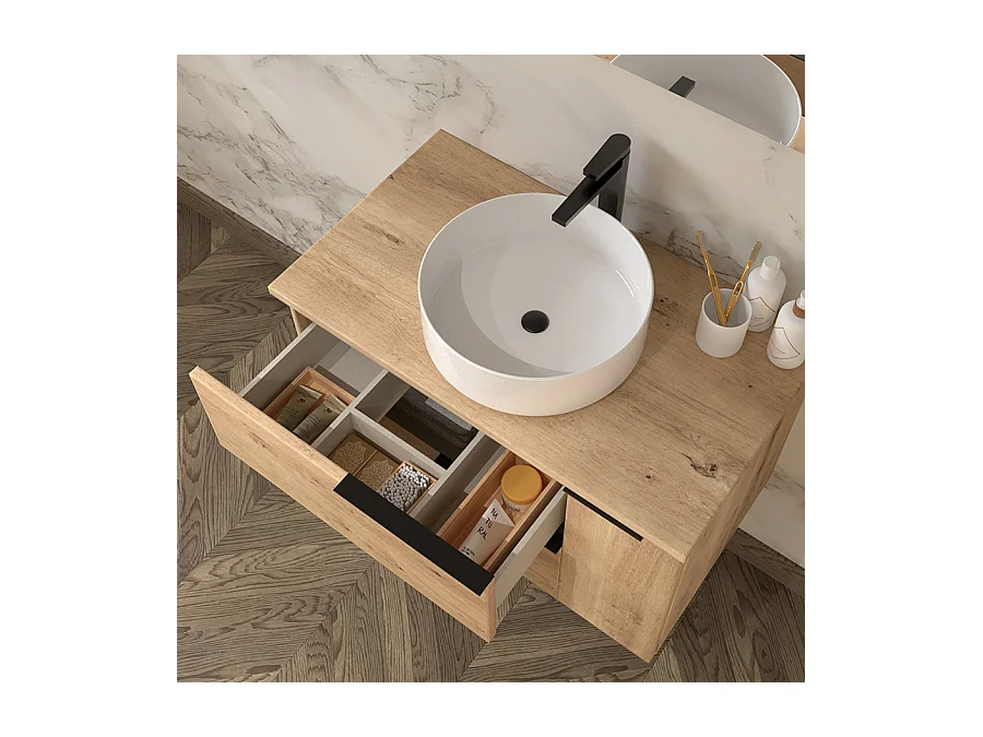 Meuble de salle de bain avec vasque à poser ronde et miroir avec applique KING - Roble (chêne clair) - 80cm