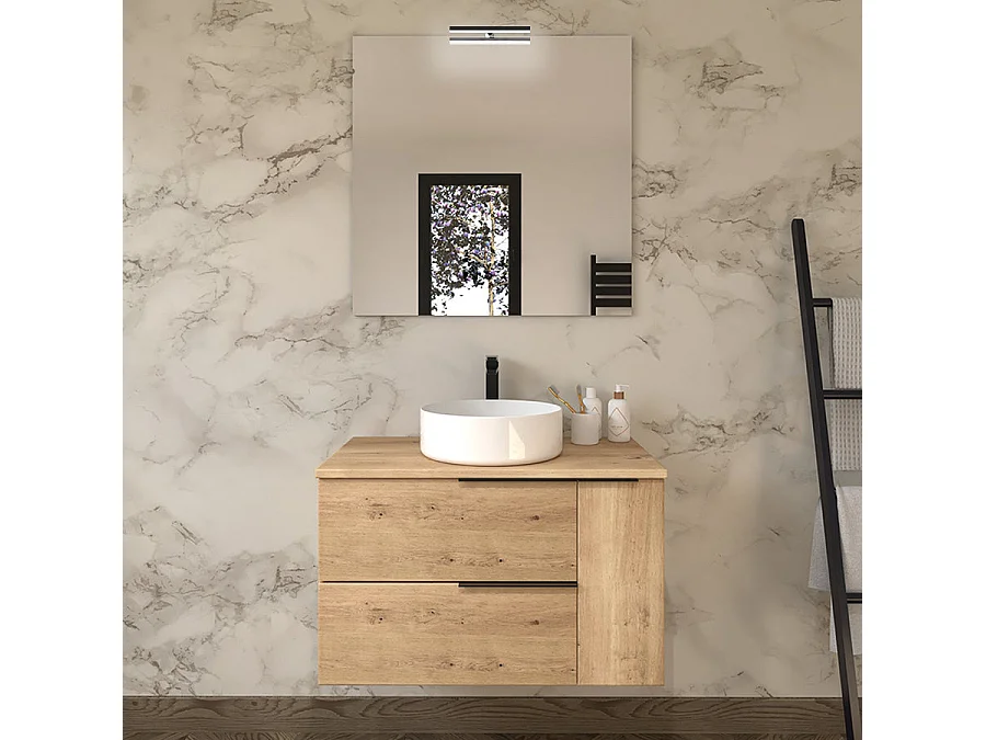 Meuble de salle de bain avec vasque à poser ronde et miroir avec applique KING - Roble (chêne clair) - 80cm