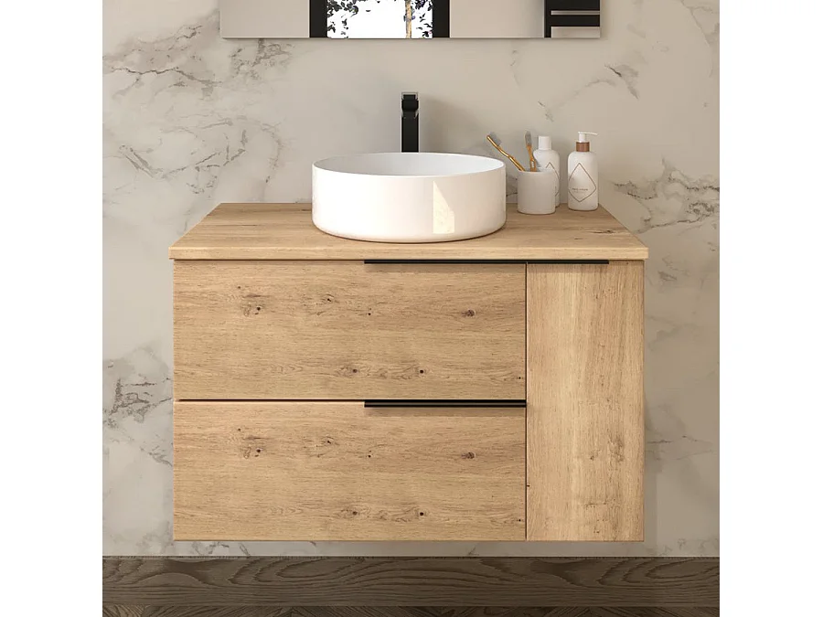 Meuble de salle de bain avec vasque à poser ronde et miroir avec applique KING - Roble (chêne clair) - 80cm