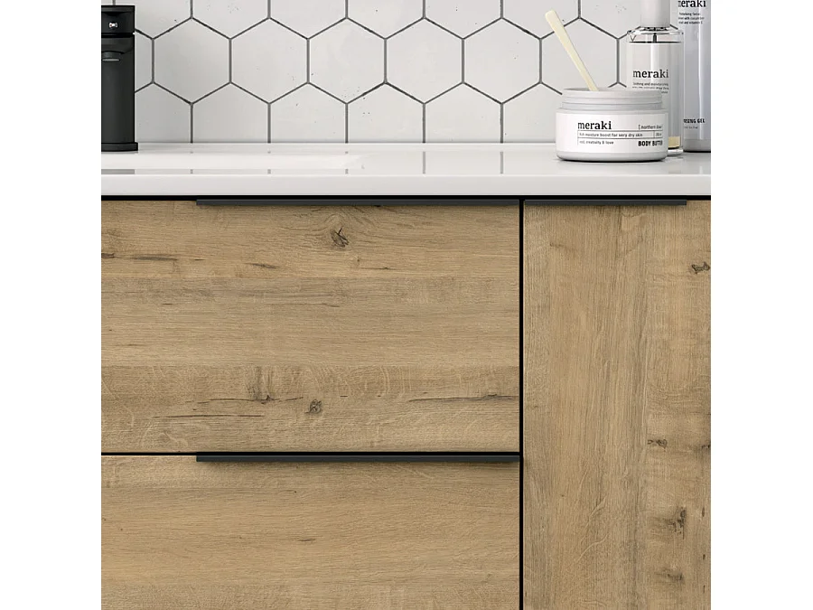 Meuble de salle de bain avec vasque à poser ronde et miroir avec applique KING - Roble (chêne clair) - 80cm