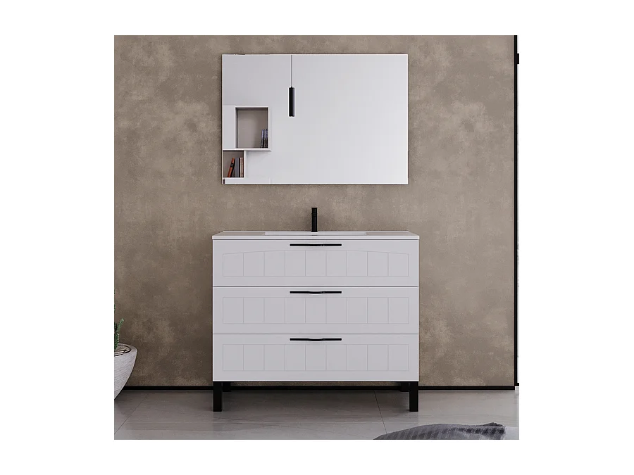 Meuble de salle de bain 100cm simple vasque - 3 tiroirs - blanc - CALA