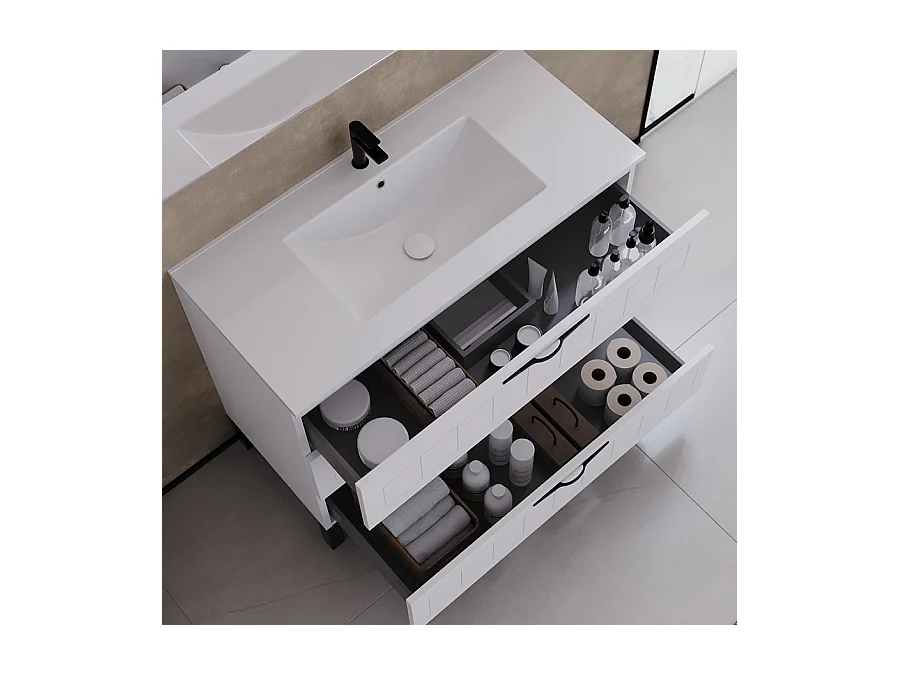 Meuble de salle de bain 100cm simple vasque - 3 tiroirs - blanc - CALA