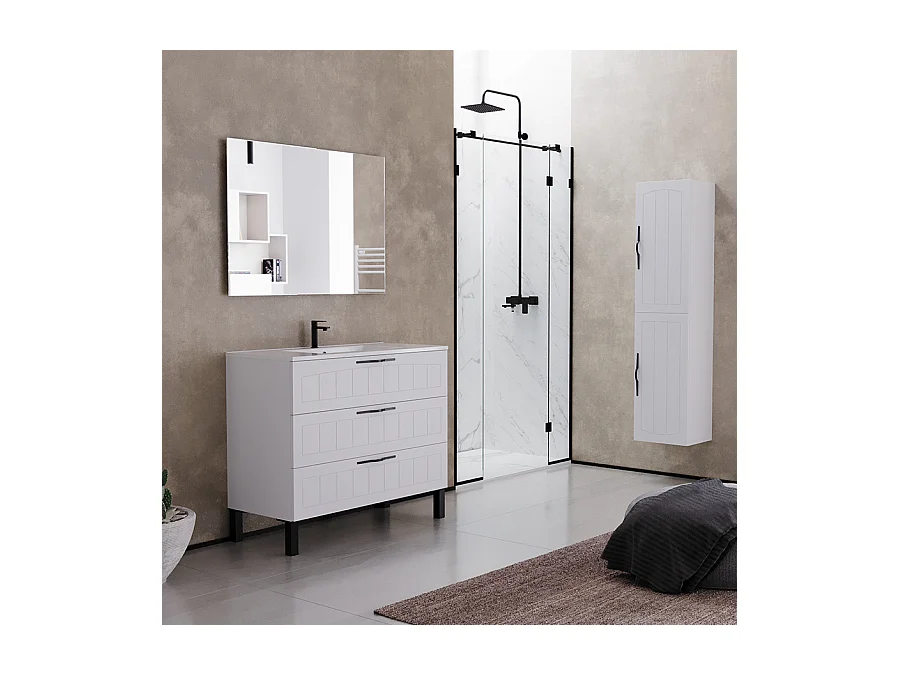 Meuble de salle de bain 100cm simple vasque - 3 tiroirs - blanc - CALA