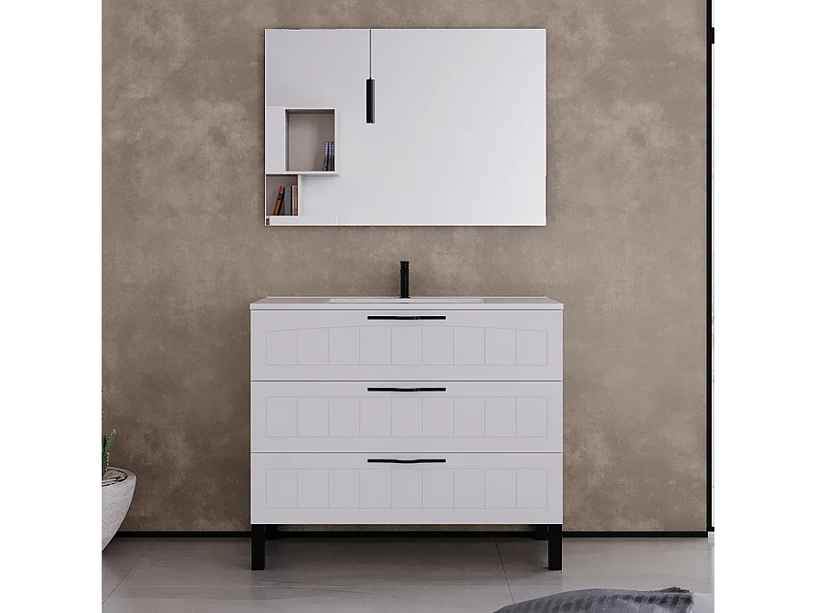 Meuble de salle de bain 100cm simple vasque - 3 tiroirs - blanc - CALA