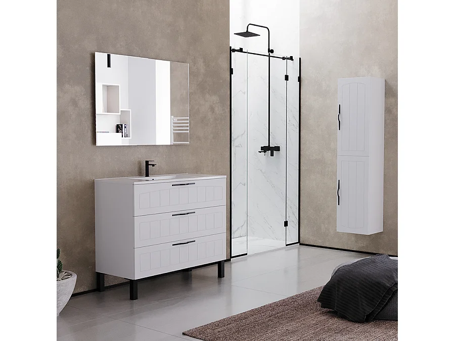 Meuble de salle de bain 100cm simple vasque - 3 tiroirs - blanc - CALA