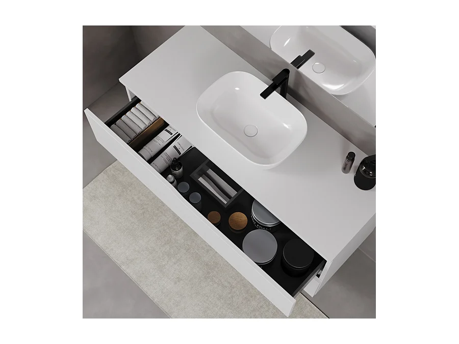 Meuble de salle de bain 120cm avec plateau et vasque à poser zeus - 2 tiroirs - sans miroir - blanc - LUNA