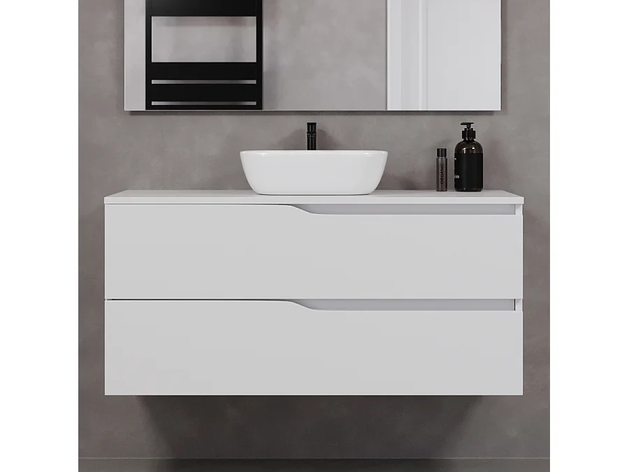 Meuble de salle de bain 120cm avec plateau et vasque à poser zeus - 2 tiroirs - sans miroir - blanc - LUNA