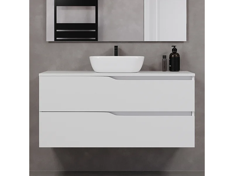 Meuble de salle de bain 120cm avec plateau et vasque à poser zeus - 2 tiroirs - sans miroir - blanc - LUNA