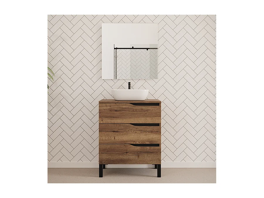 Meuble de salle de bain 70cm avec plateau et vasque à poser zeus - 3 tiroirs - tabaco (chêne foncé) - MATA