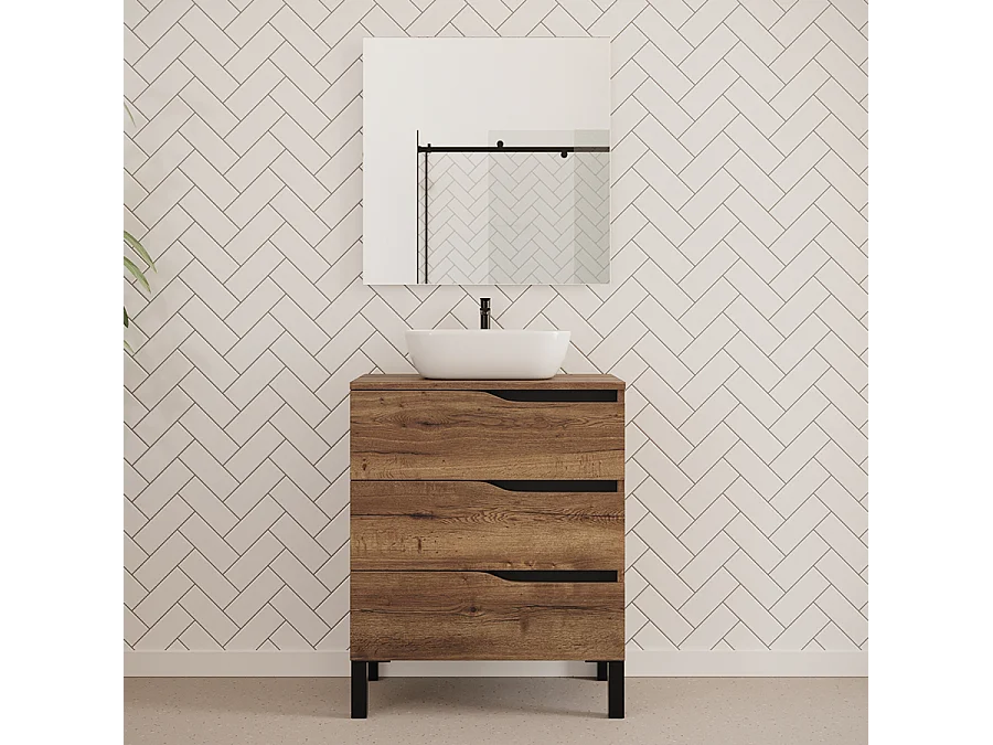 Meuble de salle de bain 70cm avec plateau et vasque à poser zeus - 3 tiroirs - tabaco (chêne foncé) - MATA