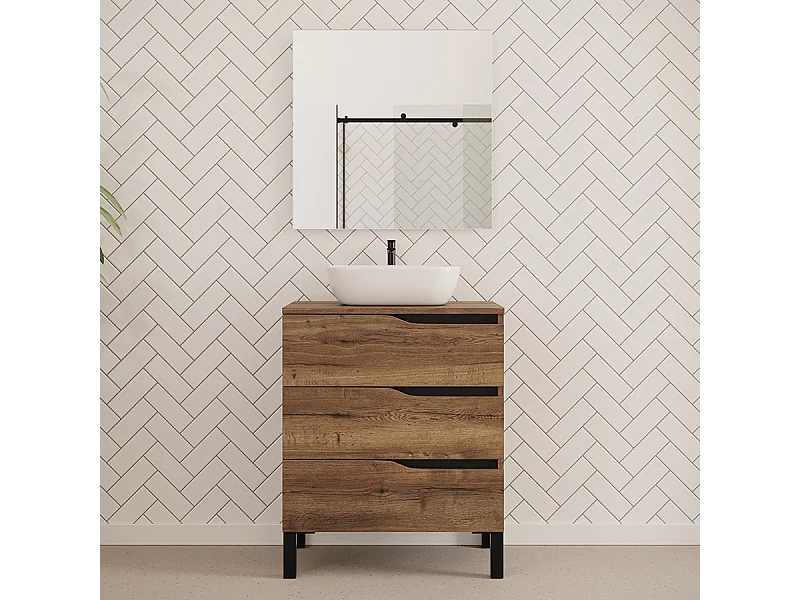 Meuble de salle de bain 70cm avec plateau et vasque à poser zeus - 3 tiroirs - tabaco (chêne foncé) - MATA