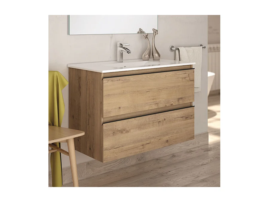 Meuble de salle de bain 80cm simple vasque - 2 tiroirs - sans miroir - TOURA - Roble (chêne clair)